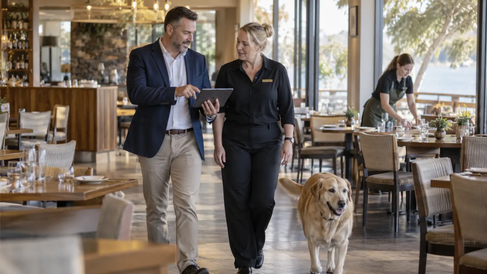A venue manager and a staff member reviewing a tablet as they walk through a restaurant, with a golden retriever walking beside them